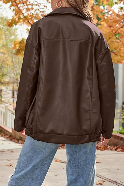 Margovil Lapel Zip Up Faux Leather Pocketed Jacket
