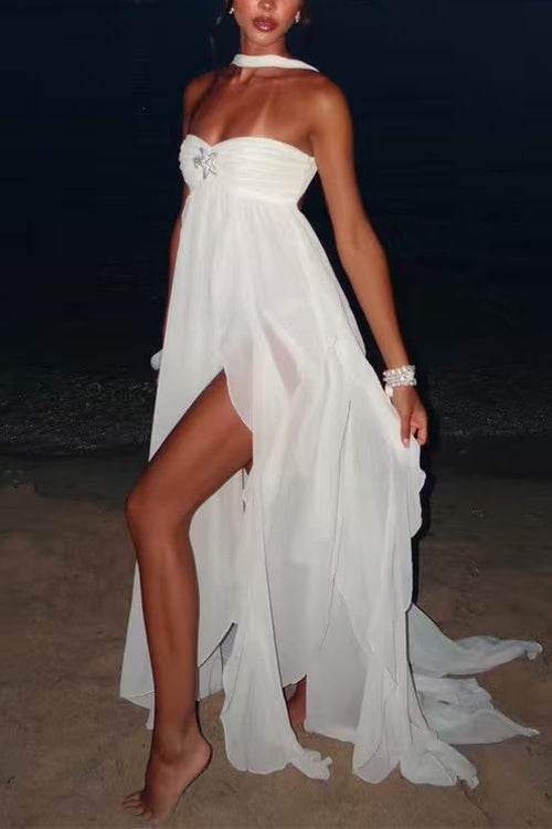 Margovil Sleeveless Open Back Ruffle Trim Slit Maxi Dress