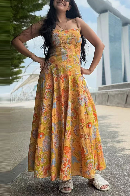 Margovil Spaghetti Strap Floral Print Chiffon Maxi Dress