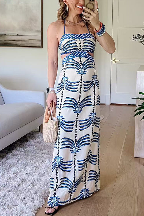 Margovil Tie Shoulder Cut Out Waist Printed Maxi Dress