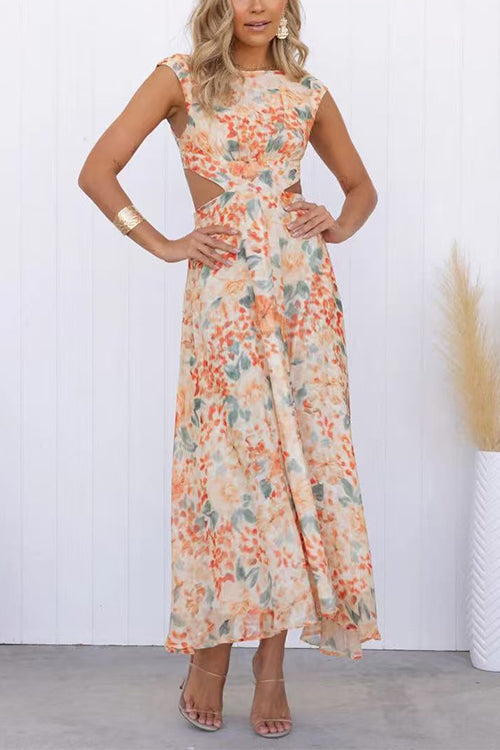 Crewneck Cut Out Waist Floral Print Maxi Dress