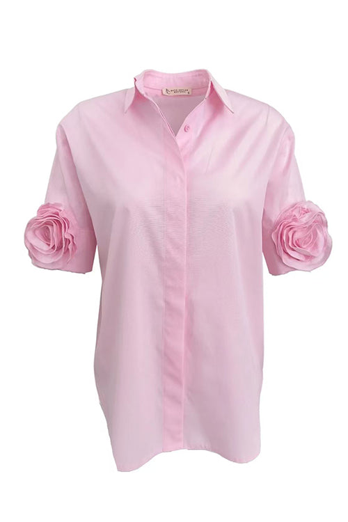 Collared Short Sleeves Button Down Flower Detail Shirt