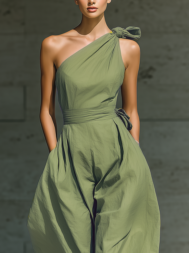 Women's Light Green Cotton And Linen Blend One-Shoulder Wide-Leg Jumpsuit With Tie Waist MDZ3136A8T