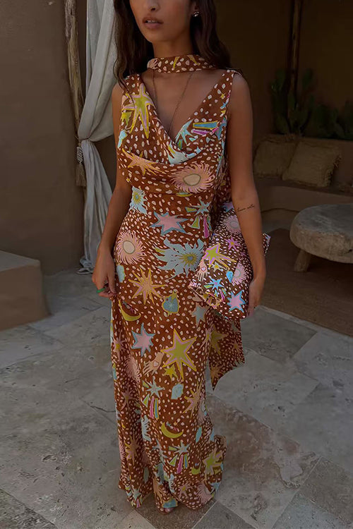 Margovil Cowl Neck Open Back Printed Maxi Dress with Scarf