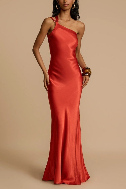One Shoulder Backless Satin Maxi Party Dress