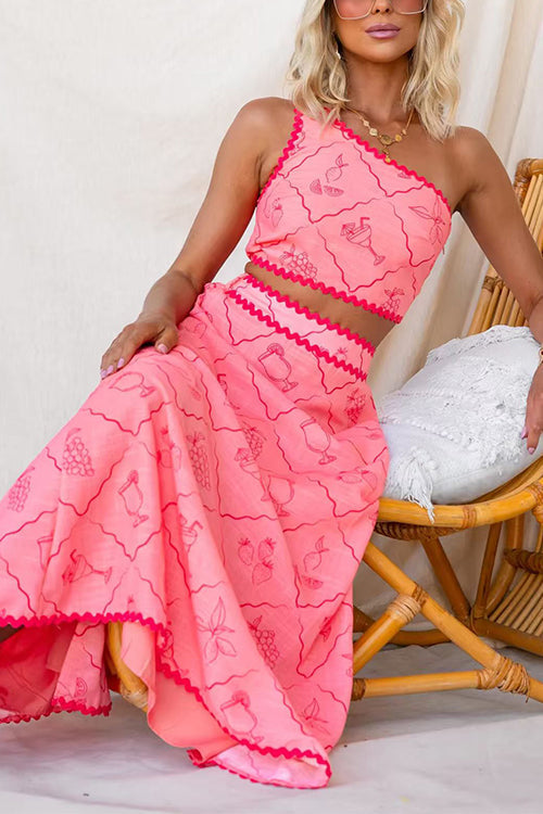 One Shoulder Printed Ric Rac Trim Crop Top