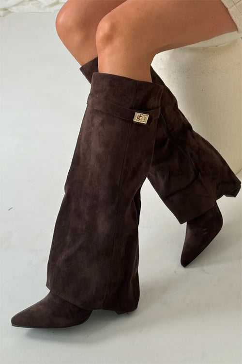 Margovil Pointed Toe Block Heel Fold Over High Boots