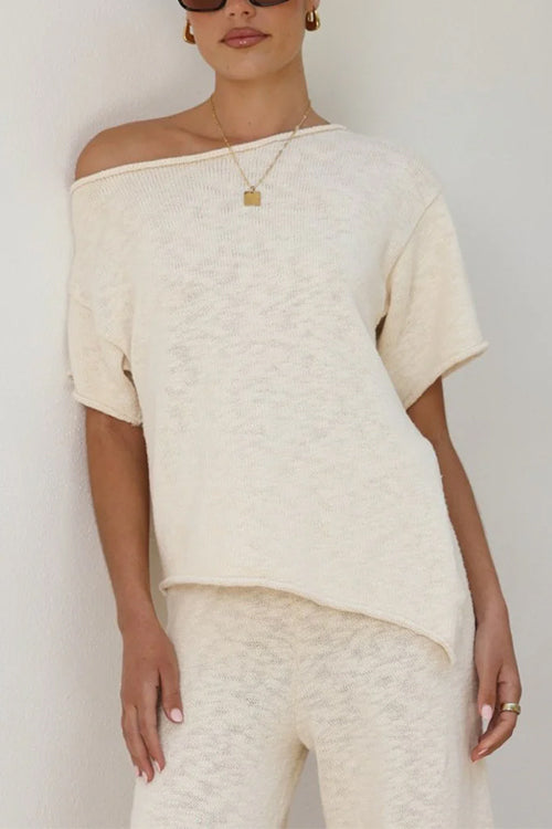 Chic Asymmetrical Shoulder Side Slit Knit Top