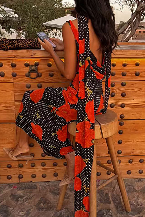 Margovil Cowl Neck Backless Floral Print Maxi Dress with Scarf