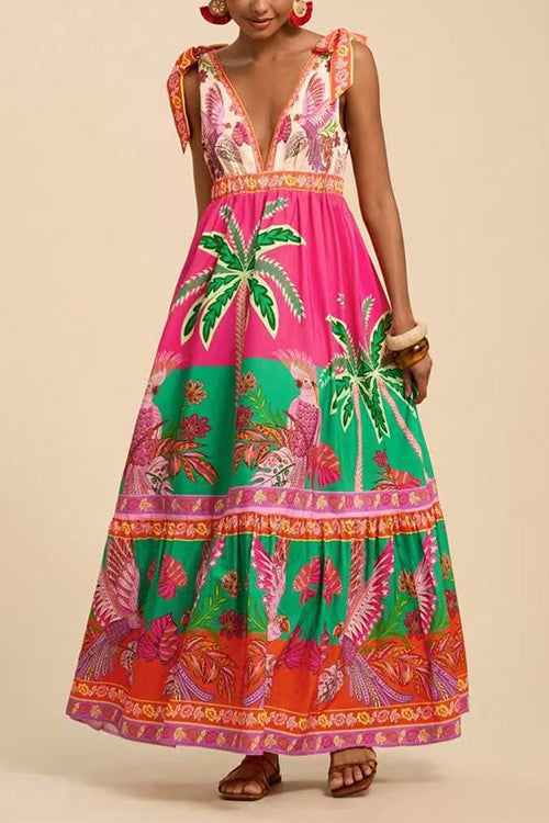 Margovil Bow Shoulder V Neck Sleeveless Printed Maxi Vacation Dress