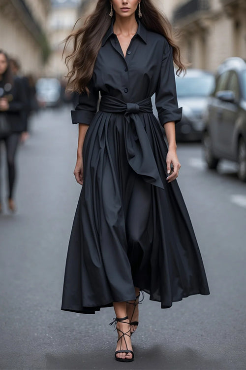 Margovil Lapel Long Sleeves Button Up Tie Waist Maxi Dress
