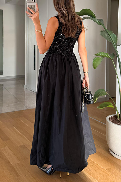 Margovil Crewneck Sleeveless Glitter Sequin Splice Maxi Dress