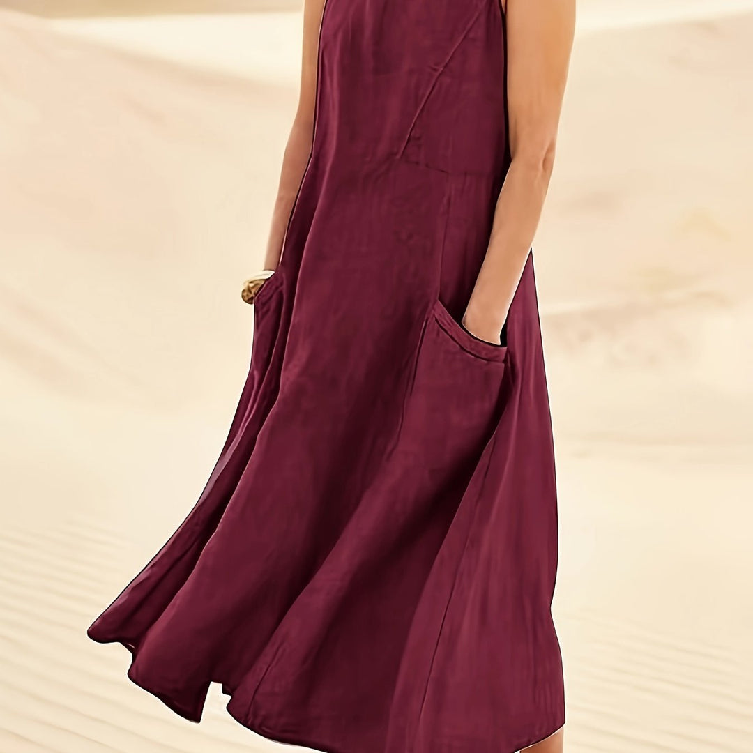 Pockette | Sleeveless A-Line Round Neck Pocket Midi Dress
