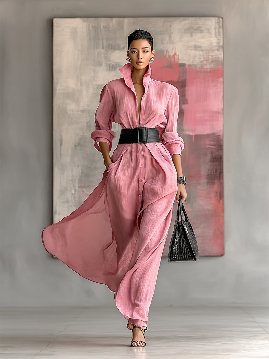 Women's Solid Color Lapel Long Sleeve Single Breasted Belt Maxi Shirt Dress MDA0917G0Y