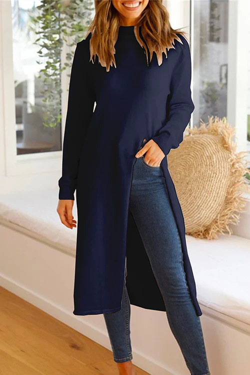 Margovil Solid Turtleneck Long Sleeve High Split Dresses