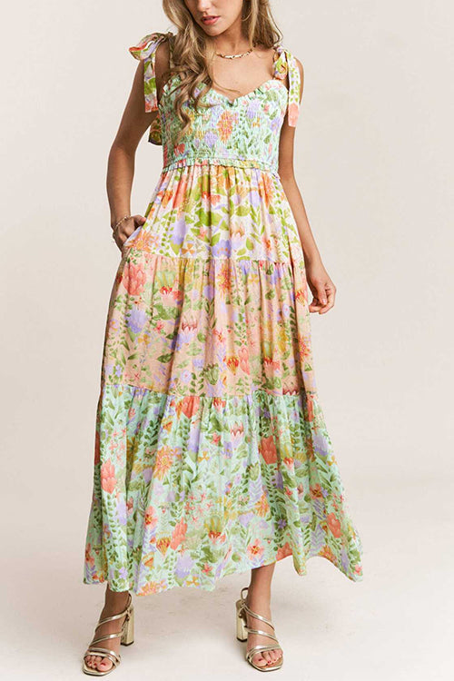 Margovil V Neck Bow Shoulder Tiered Floral Print Maxi Dress
