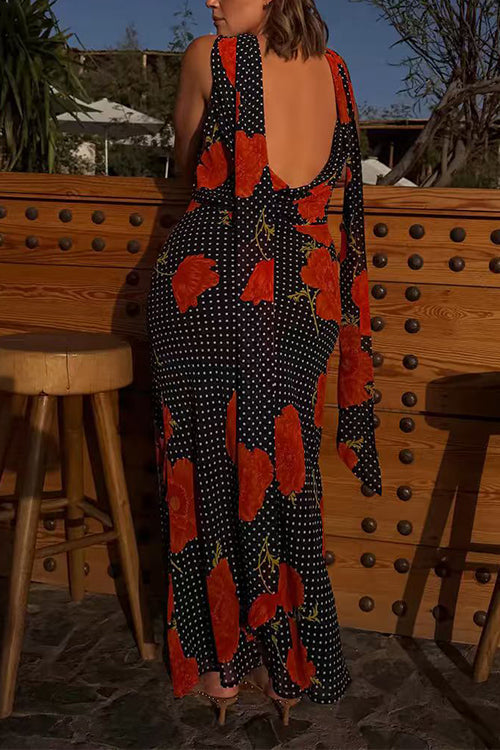 Margovil Cowl Neck Backless Floral Print Maxi Dress with Scarf