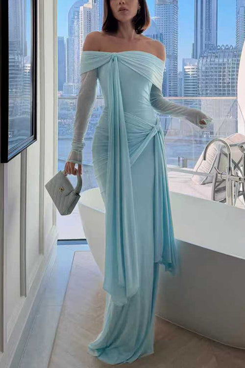 Margovil Off Shoulder Long Sleeves Knot Waist Draped Maxi Dress