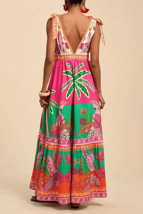 Margovil Bow Shoulder V Neck Sleeveless Printed Maxi Vacation Dress