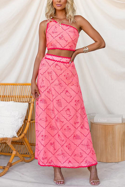 High Rise Printed Ric Rac Trim Maxi Skirt