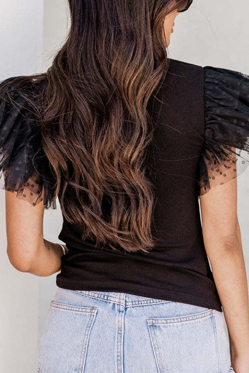 Margovil Round Neck Polka Dot Ruffle Short Sleeves Top