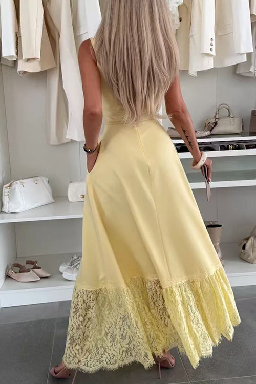 Square Neck Sleeveless Lace Splice Maxi Dress