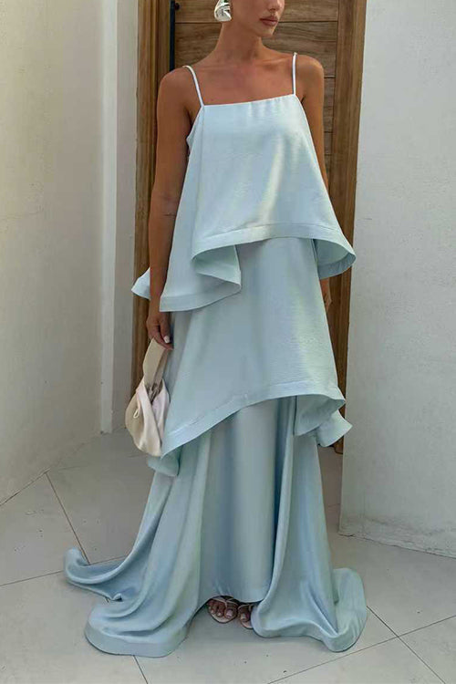 Margovil Adjustable Strap Ruffle Layered Satin Maxi Dress