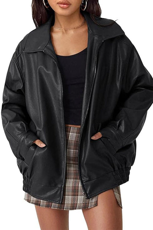 Margovil Lapel Zip Up Faux Leather Pocketed Jacket