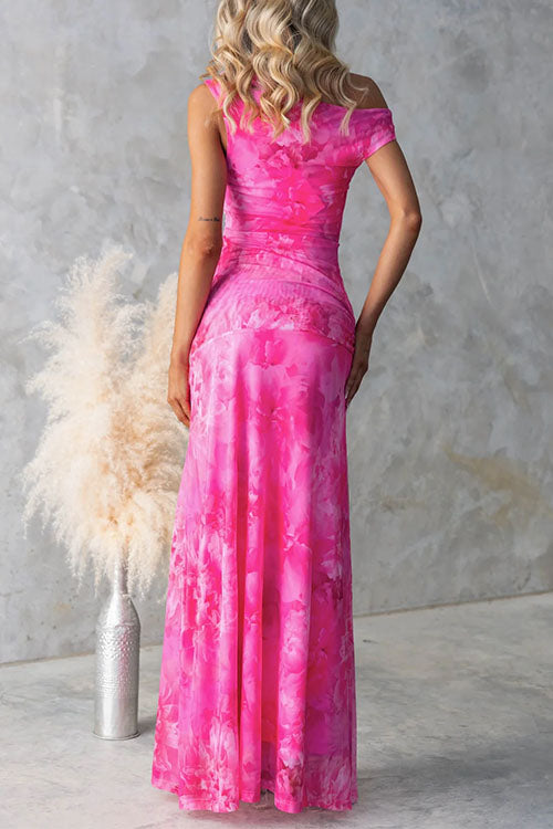 Asymmetric Shoulder Ruched Waist Floral Print Maxi Dress