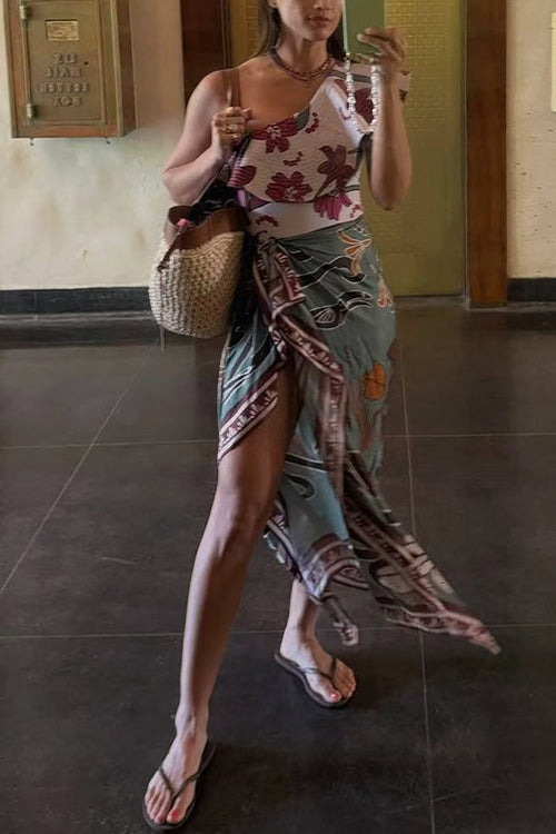One Shoulder Sleeveless Floral Print One-piece Swimsuit