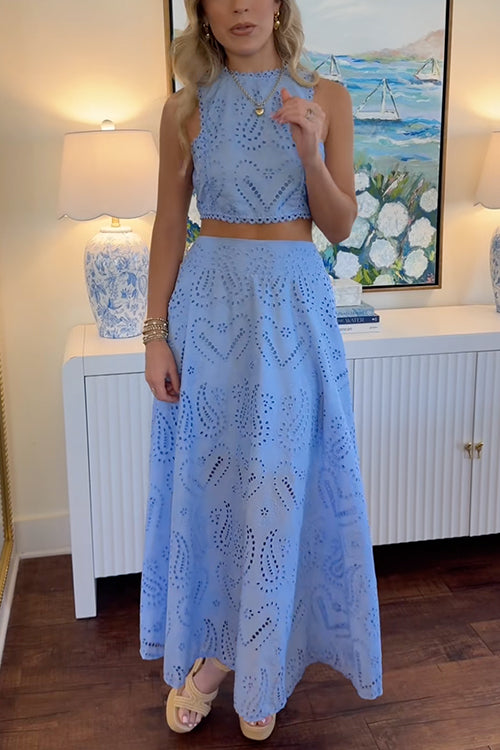 Margovil Lace Hollow Out Sleeveless Crop Top High Waist Maxi Skirt Set