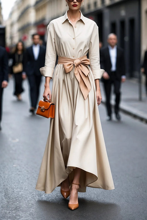 Margovil Long Sleeves Button Up Bow Waist Maxi Dress