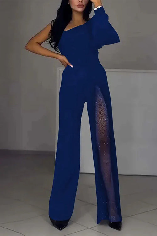 Margovil One Shoulder Long Sleeve Patchwork Wide Leg Jumpsuit