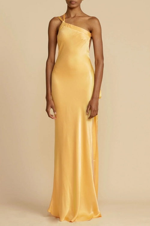 One Shoulder Backless Satin Maxi Party Dress