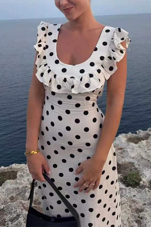 U Neck Ruffle Detail Polka Dot Maxi Dress