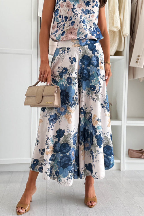 High Waist Floral Print Wide Leg Cropped Pants