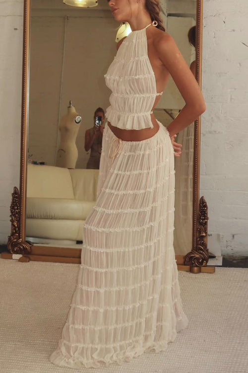 Margovil Halter Backless Crop Top Pleated Maxi Skirt Set