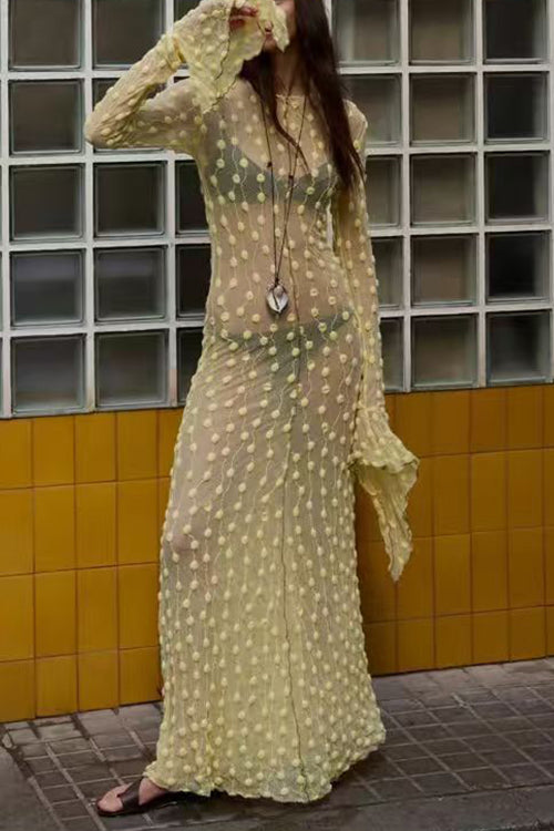 Crewneck Bell Long Sleeves Polka Dot Tulle Cover Up Maxi Dress