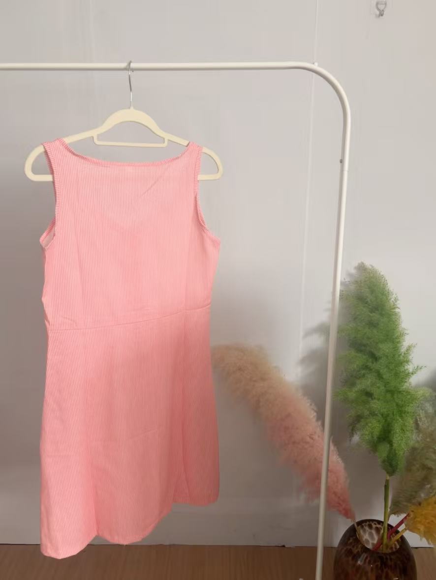 Margovil Buttons U Neck Sleeveless Striped Dress with Pockets