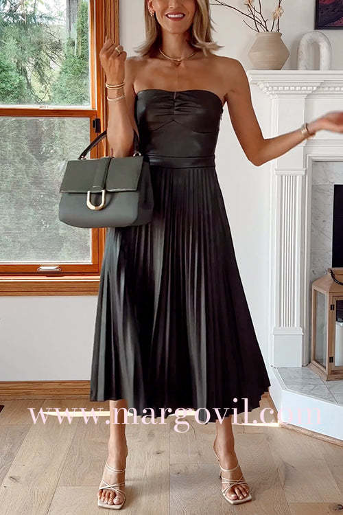 Strapless Pleated Faux Leather Midi Dress(2 Colors Available!)