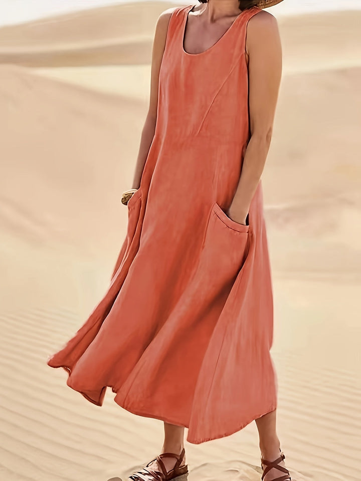 Pockette | Sleeveless A-Line Round Neck Pocket Midi Dress