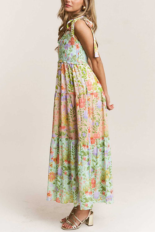 Margovil V Neck Bow Shoulder Tiered Floral Print Maxi Dress