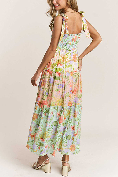 Margovil V Neck Bow Shoulder Tiered Floral Print Maxi Dress
