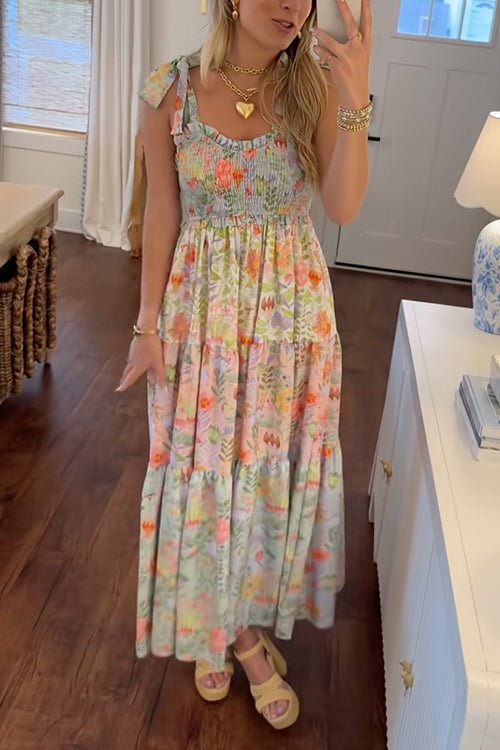 Margovil V Neck Bow Shoulder Tiered Floral Print Maxi Dress