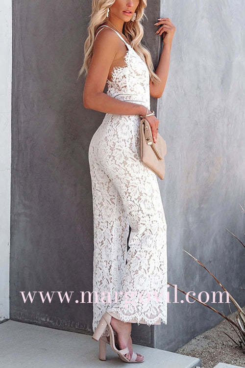 Margovil V Neck Waisted Wide Leg Cami Lace Jumpsuit