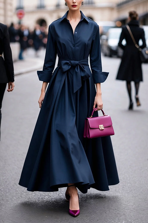 Margovil Long Sleeves Button Up Bow Waist Maxi Dress