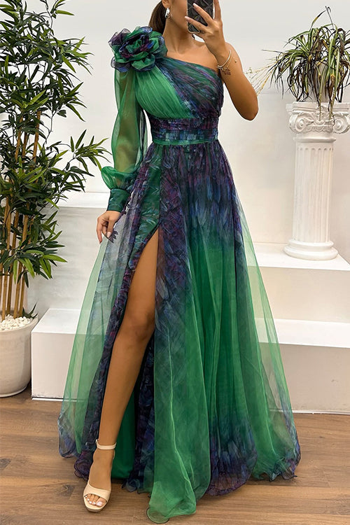 Margovil One Shoulder Long Sleeve Printed Slit Swing Maxi Dress