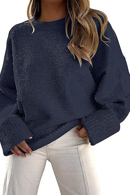 Margovil Crewneck Drop Shoulder Solid Knitted Pullover Sweater