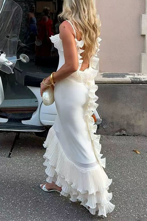 Margovil Spaghetti Strap Open Back Ruffle Trim Maxi Dress