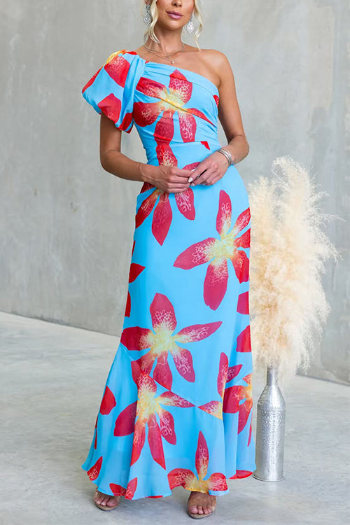 One Shoulder Puff Short Sleeve Floral Print Maxi Dress